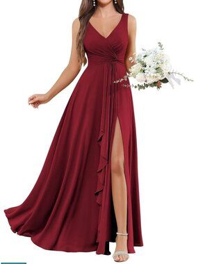 Long Red Chiffon Formal Dress with Pockets